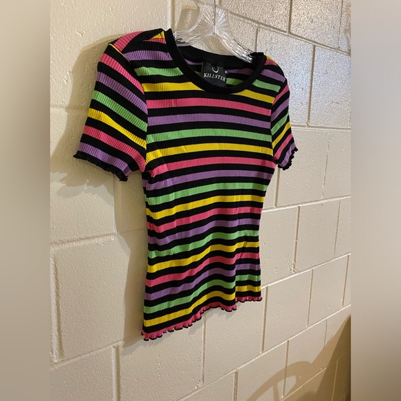 SOLD Killstar “Blair” rainbow stripe ribbed lettuce trim tee - Picture 3 of 7